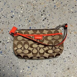 Coach Brown Signature Canvas Wristlet with Bright Orange Trim